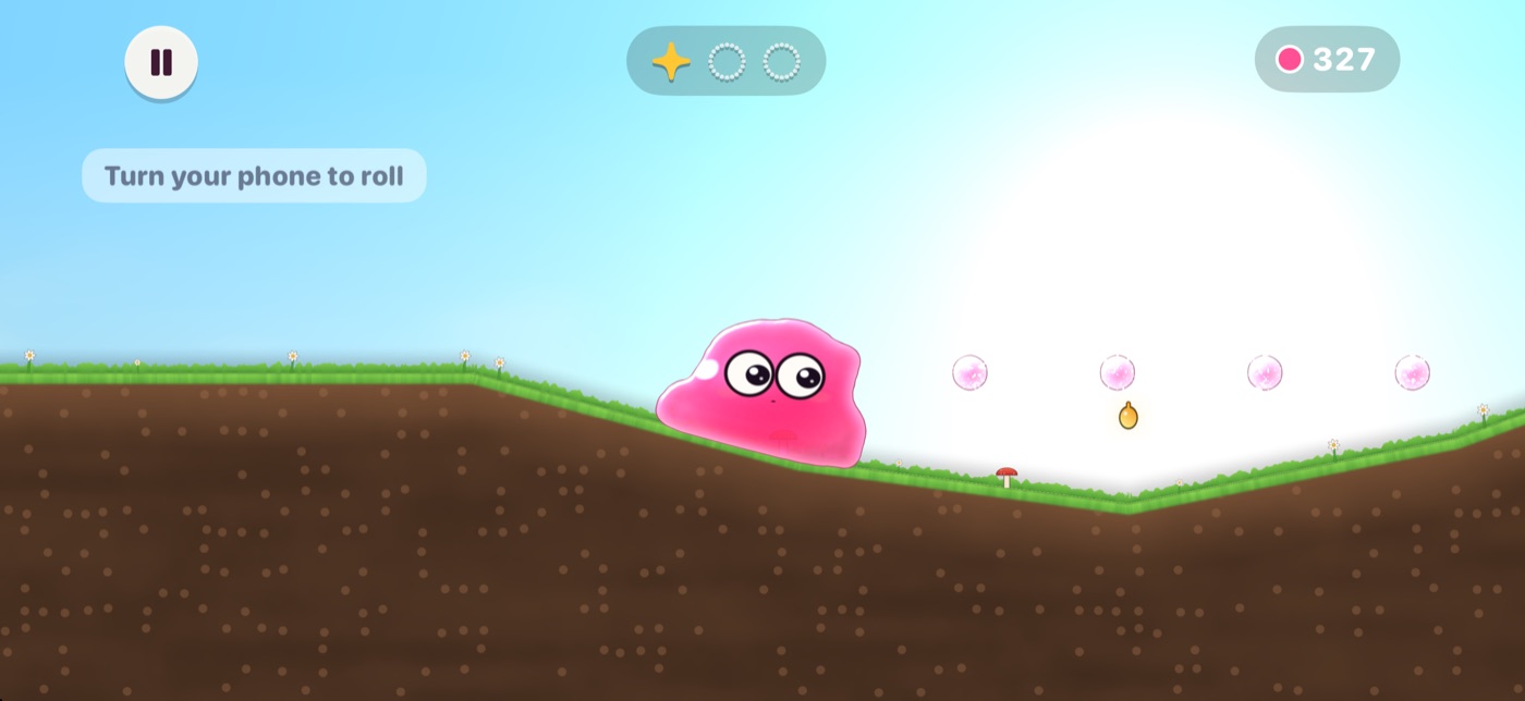 Gloop, a pink jelly, rolling down a grassy hill